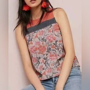 Meadow Rue Anthropologie Orange Floral Pattern Tank Top
